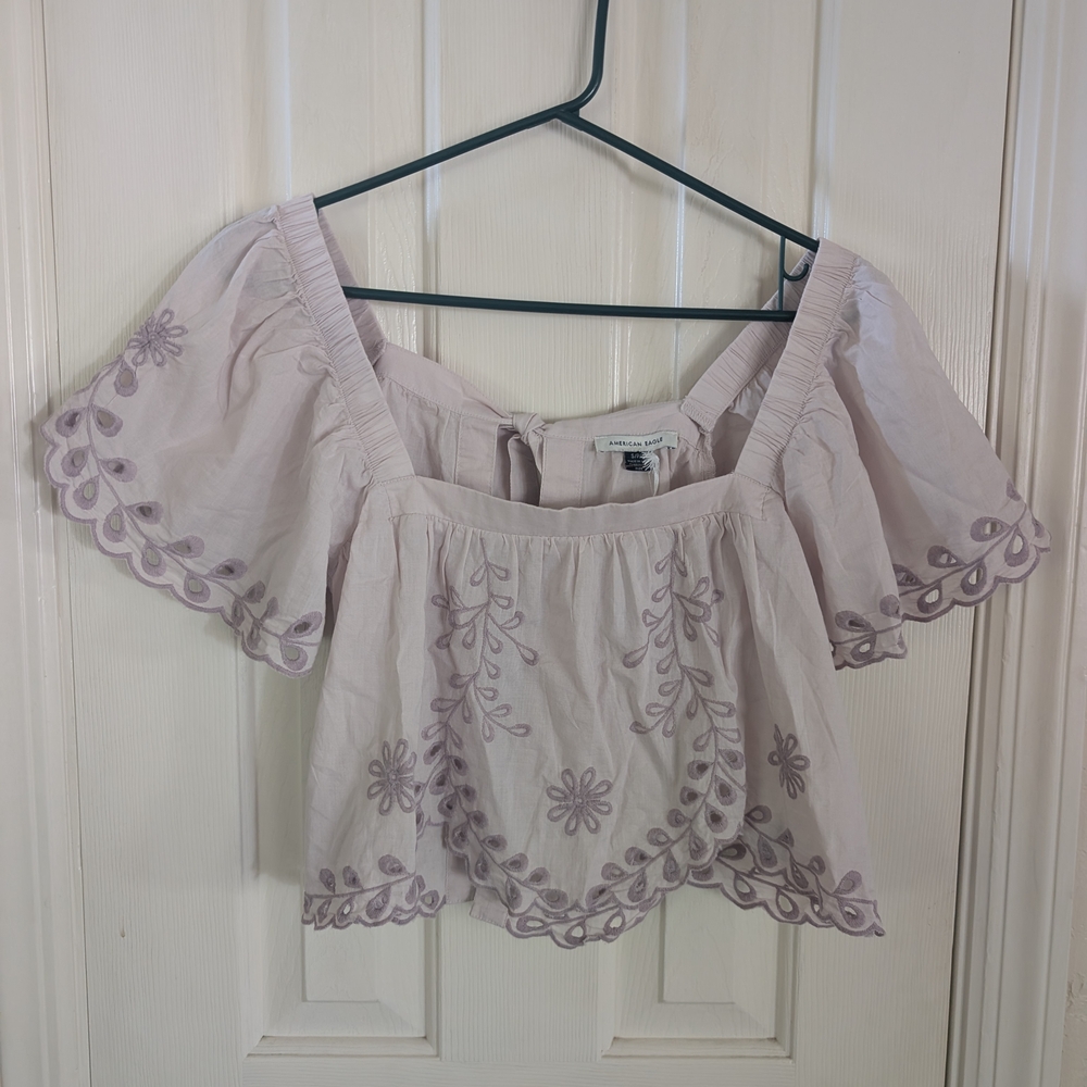 American Eagle Outfitters Light Lavender Embroidered Off-Shoulder Crop Top